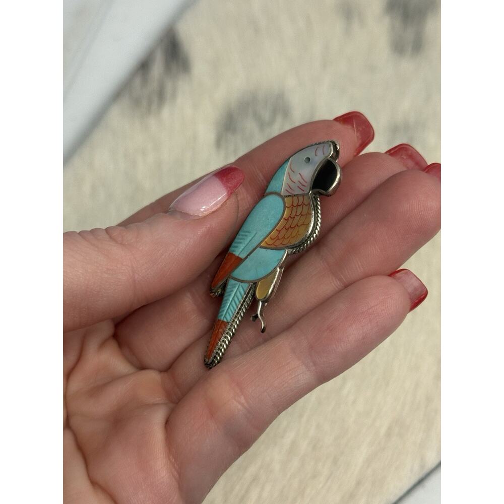 Zuni 2” Leland Peketewa Sterling Silver Inlay Turquoise Coral MOP Parrot Pendant - Picture 10 of 13
